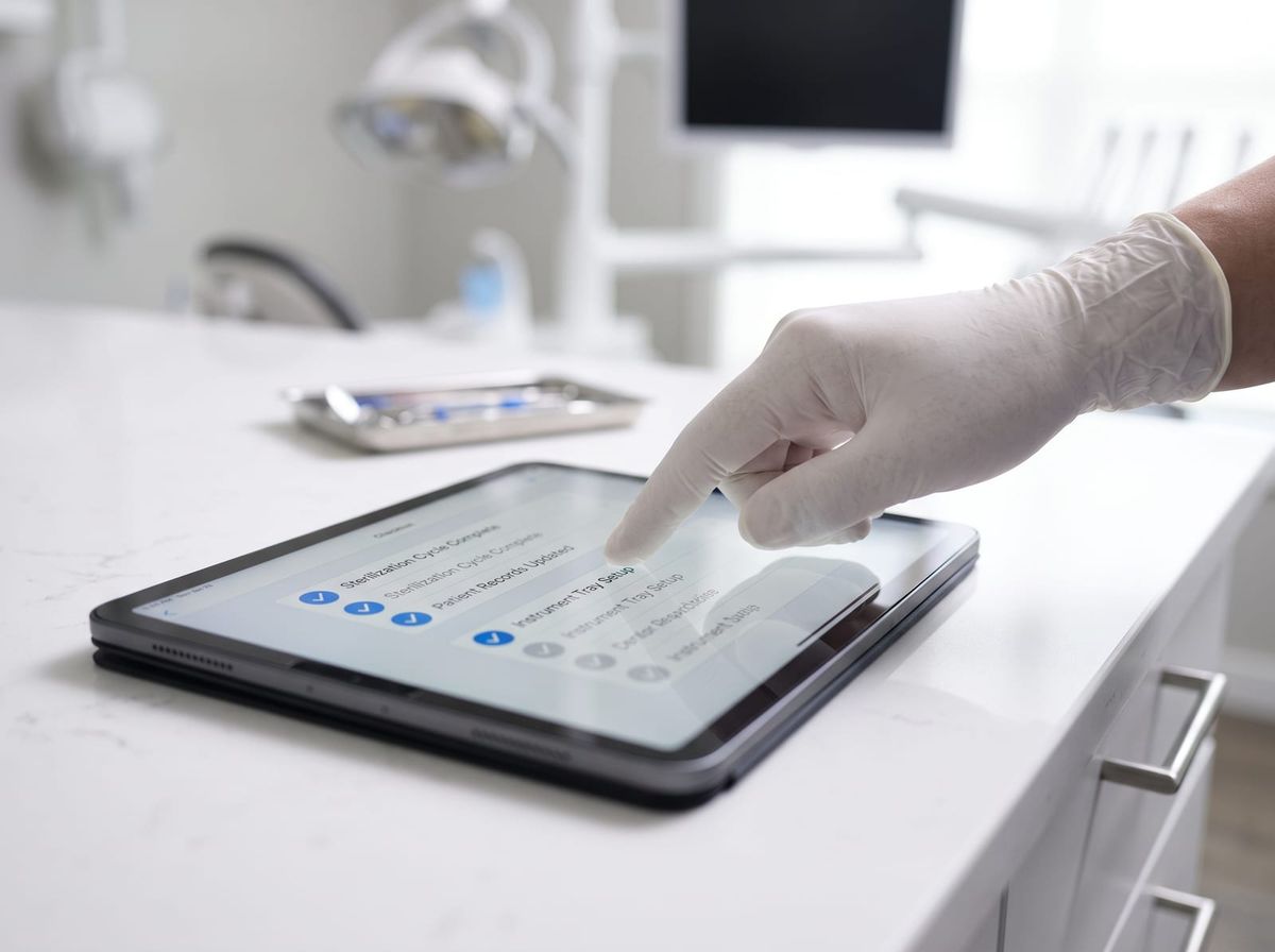 Mano tocando una tablet con un checklist de tareas automatizadas, en referencia a menos tareas manuales