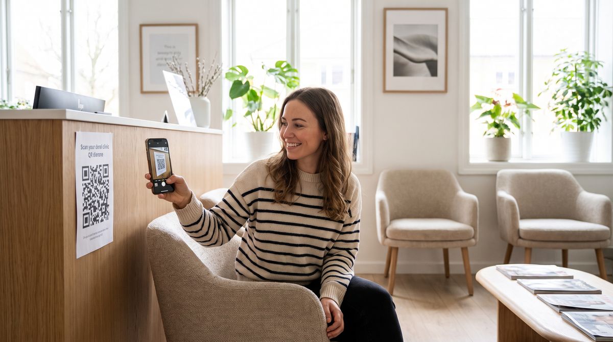 Paciente escaneando el código QR de auto-gestión de turnos en la sala de espera