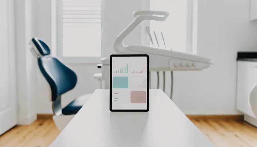 Tablet mostrando un dashboard de indicadores con gráficos de barras, apoyada sobre la mesada de un consultorio odontológico