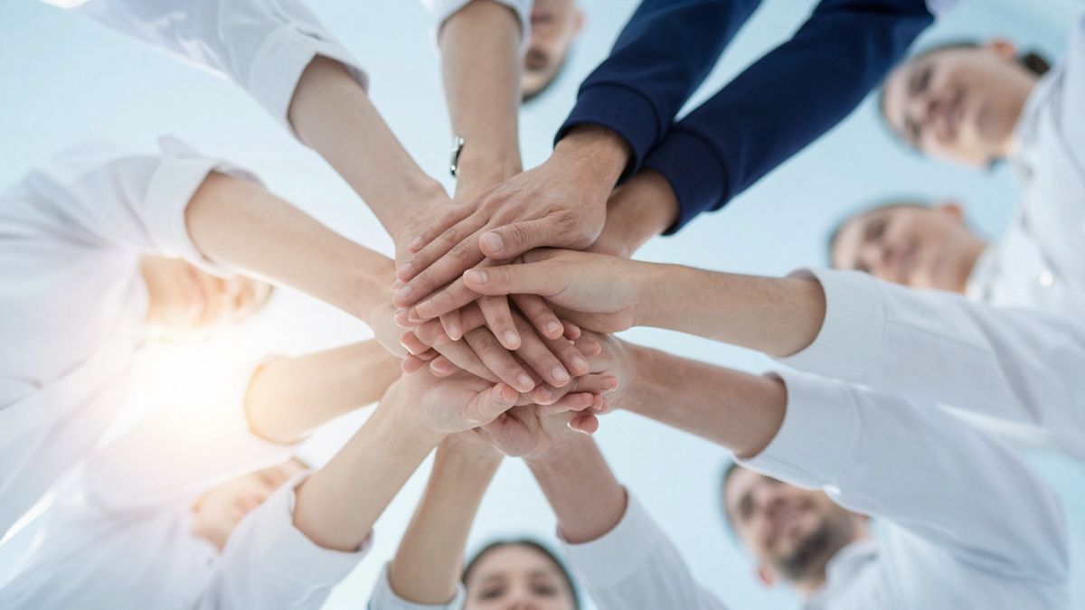 Manos de un equipo de Bilog unidas en señal de trabajo conjunto